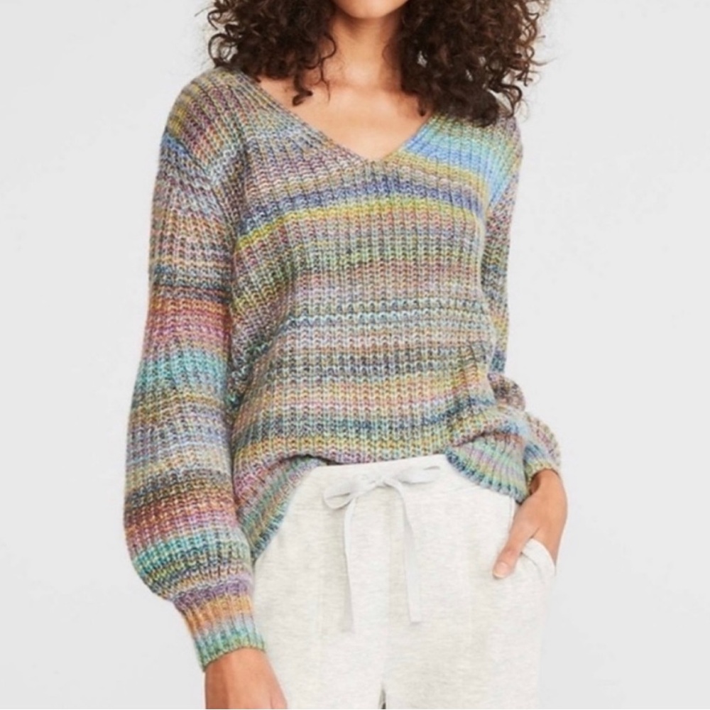 Lou & Grey Loft Rainbow Striped Sweater V-Neck Balloon Sleeve Small